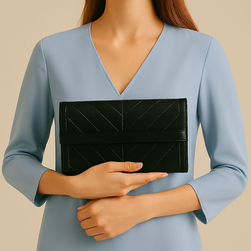 Black Genuine Eel Skin Envelope Clutch Bag Handbag with Pockets Nice! - Picture 4 of 9